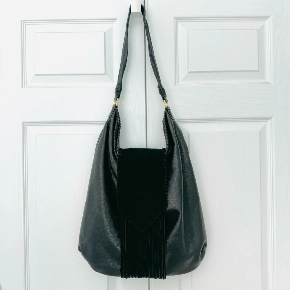 MARGOT Black Leather Suede Fringe Hobo Shoulder Bag Purse - Picture 3 of 11